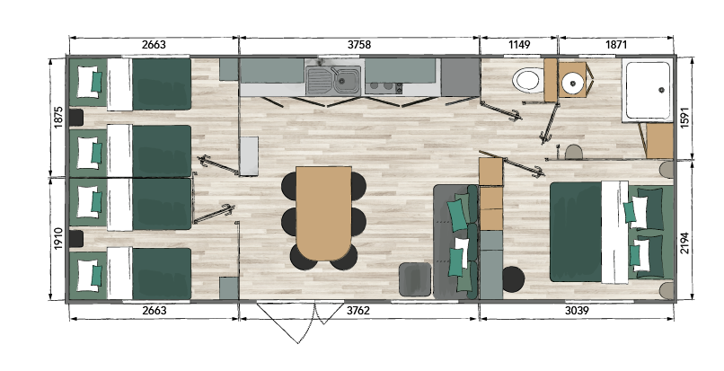 Nieuwe Stacaravan Corail - 3 slaapkamers - 980x400cm