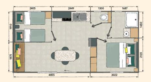 Nieuwe Stacaravan Happy 2 - 2 slaapkamers - 820x400cm