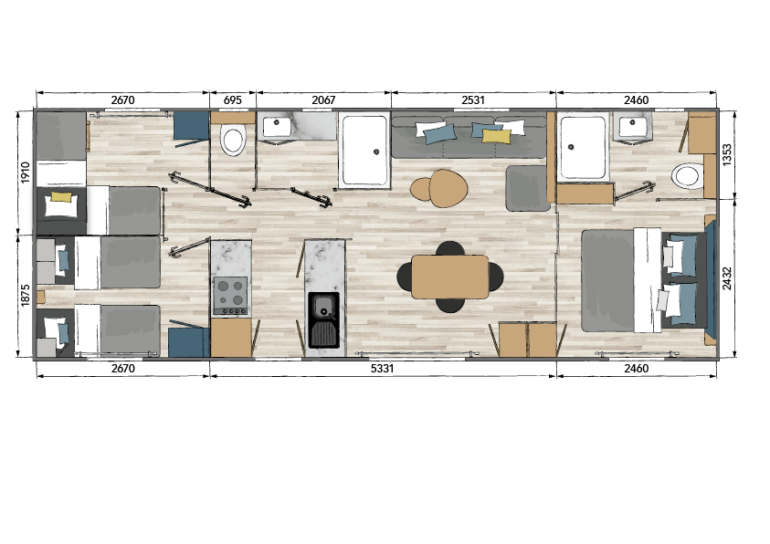 Neues Mobilheim Bol D'air Mistral - 2 Schlafzimmer - 1080 x 400 cm