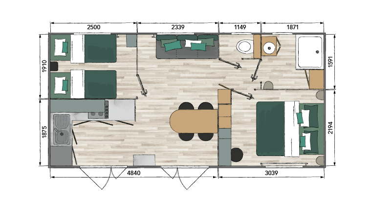 Nieuwe Stacaravan Grand Large 2 - 2 slaapkamers - 820x400cm