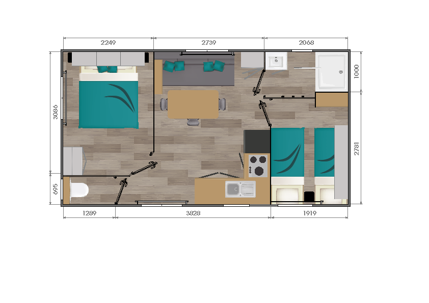 Neues Mobilheim im mediterranen Stil – 2 Schlafzimmer – Integrierte Terrasse – 880 x 420 cm