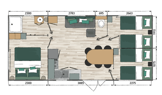 Neues Tamaris Mobilheim – 3 Schlafzimmer – 880 x 400 cm