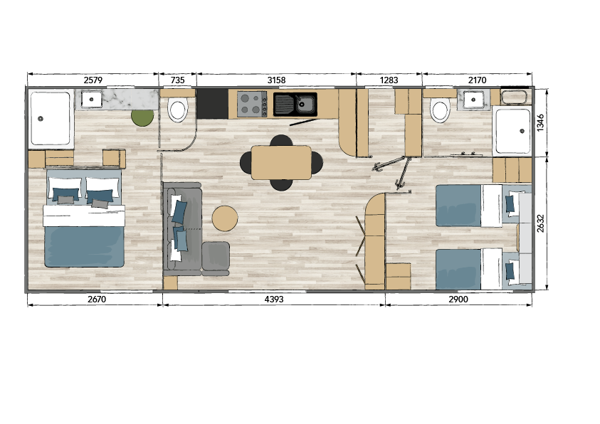Neues Mobilheim Taos D4 – 2 Schlafzimmer – 1018 x 430 cm