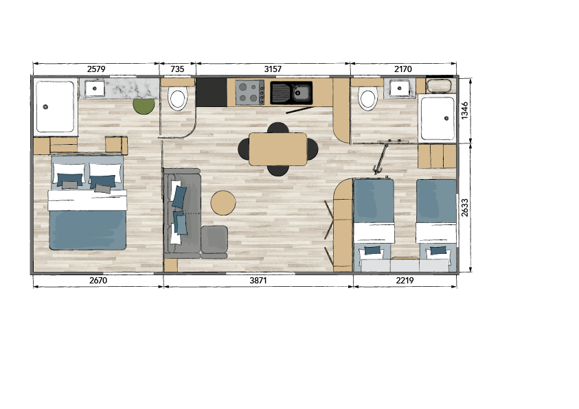 Nieuwe Stacaravan Taos F4 - 2 slaapkamers - 880x430cm