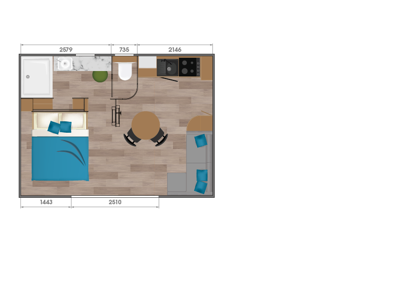 Neues Mobilheim Taos S2 – 1 Schlafzimmer – 580 x 430 cm